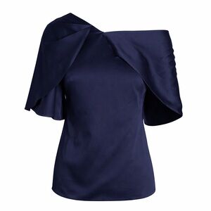 PETER PILOTTO Draped Asymmetric Shoulder Silk Blouse Top In NavyBlue Size S